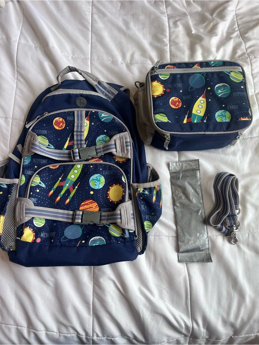 Pottery Barn Kids Navy Large Space Rocket Backpack and Lunchbox Set